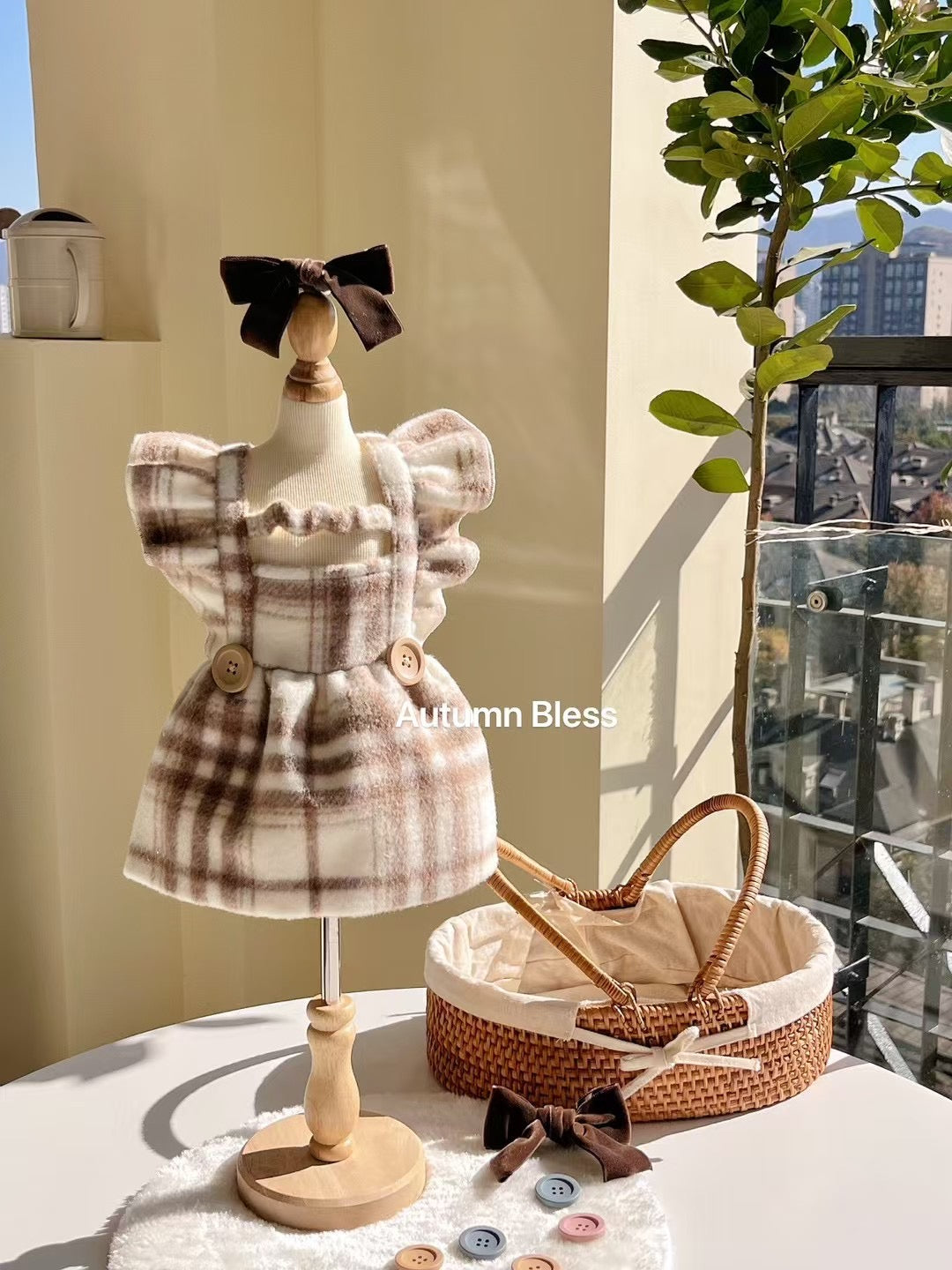 Autumn Bless Wool-Blend Plaid Dress with Flutter Sleeve