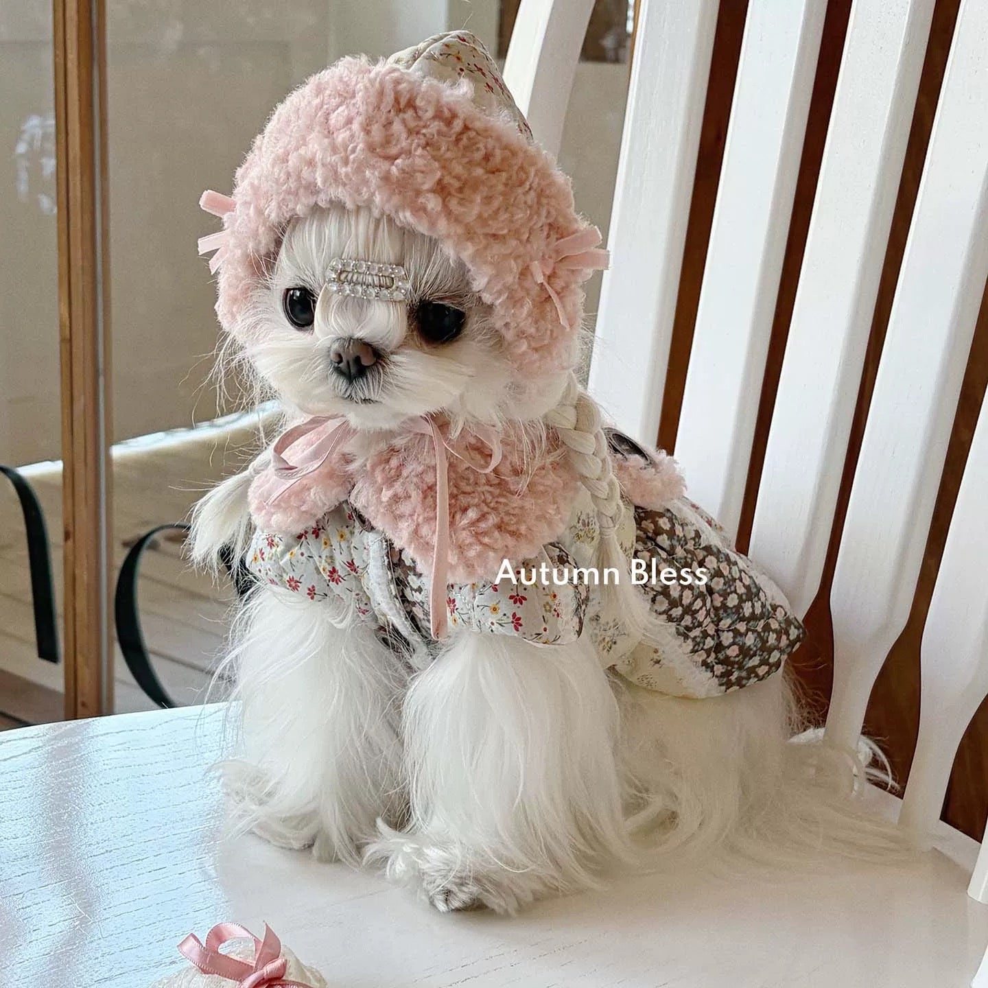 Autumn Bless Floral Quilted Dress with Teddy Fur Collar