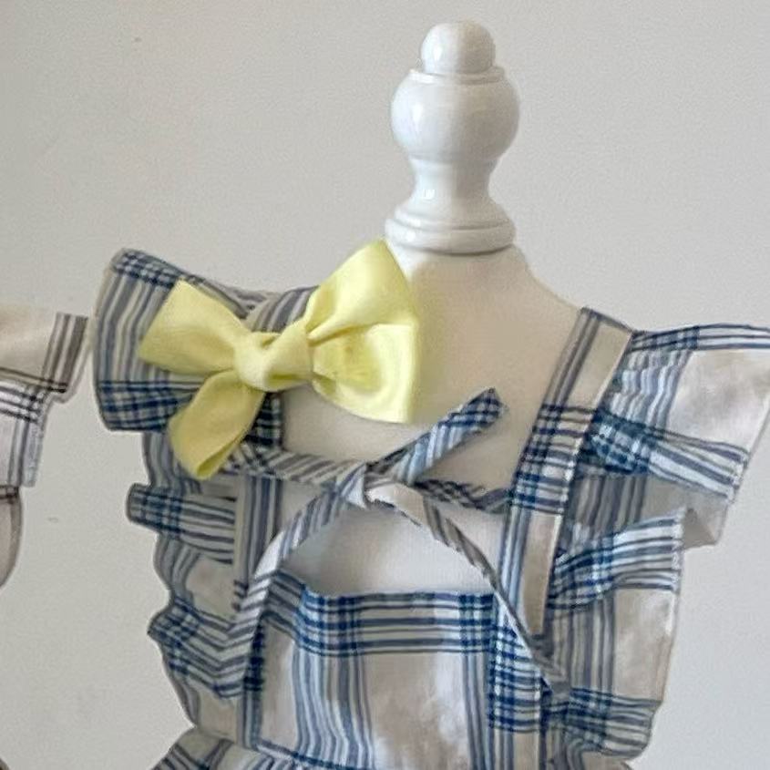 Autumn Bless Vintage Check Ribbon Frill Dress with Hair Clip