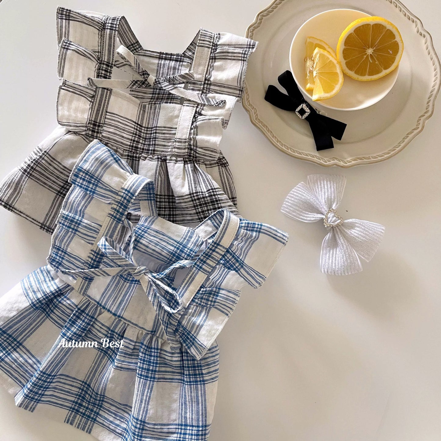 Autumn Bless Vintage Check Ribbon Frill Dress with Hair Clip 