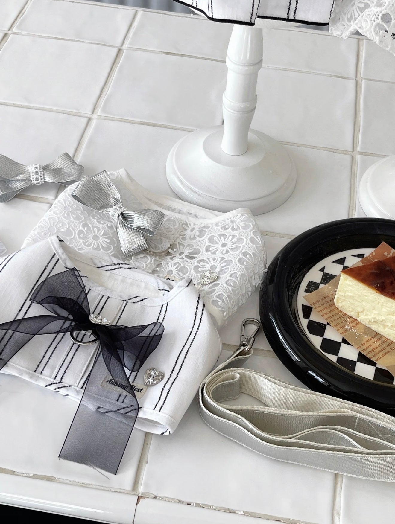 Autumn Bless Daisy Lace &amp; Stripe Ribbon Harness with Removable Bow 