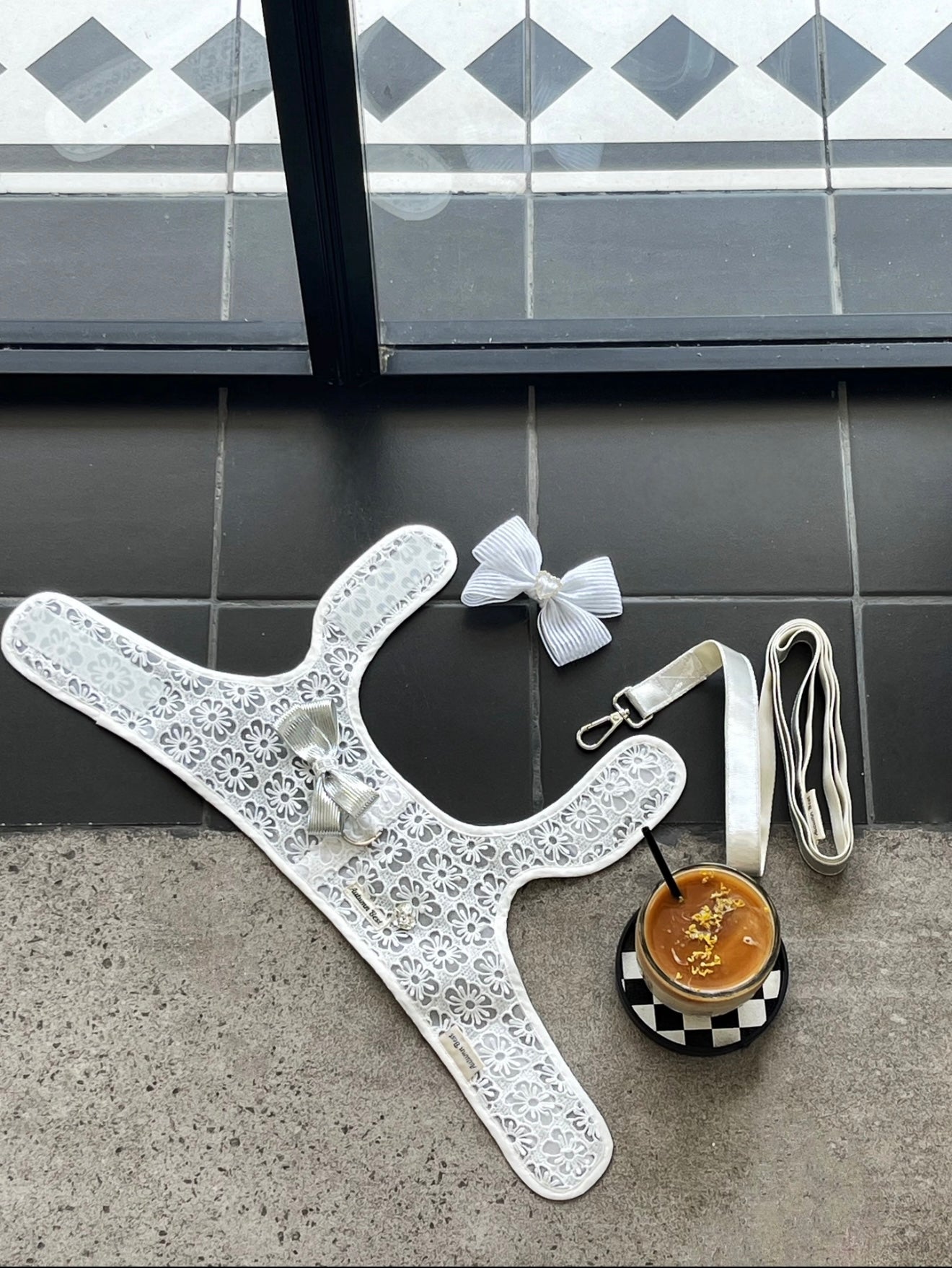 Autumn Bless Daisy Lace &amp; Stripe Ribbon Harness with Removable Bow 