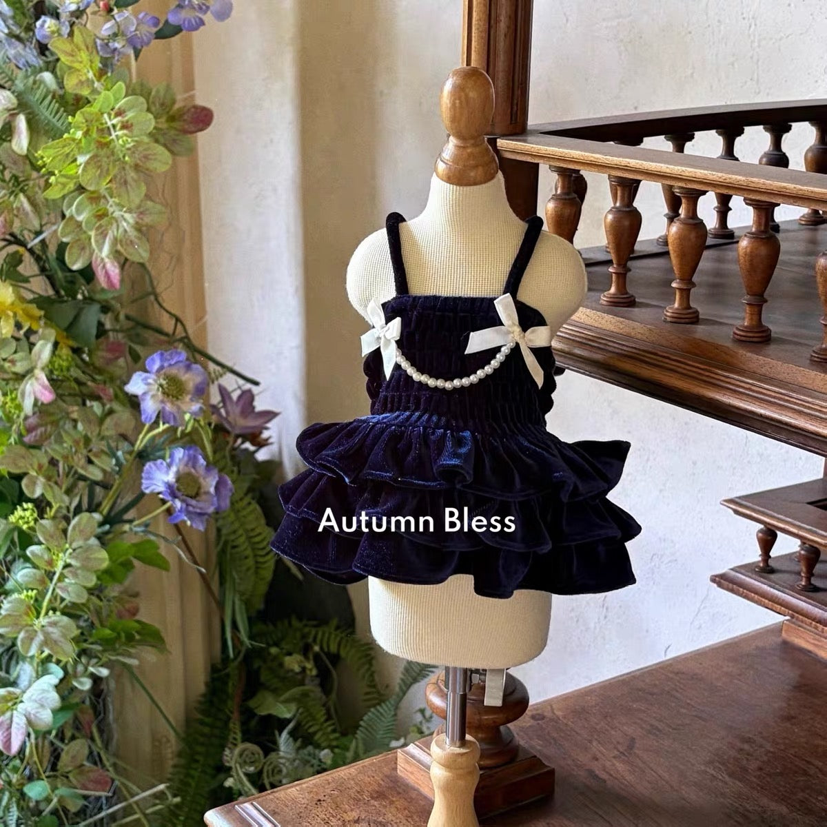 Autumn Bless Velour Pearl Ribbon Dress
