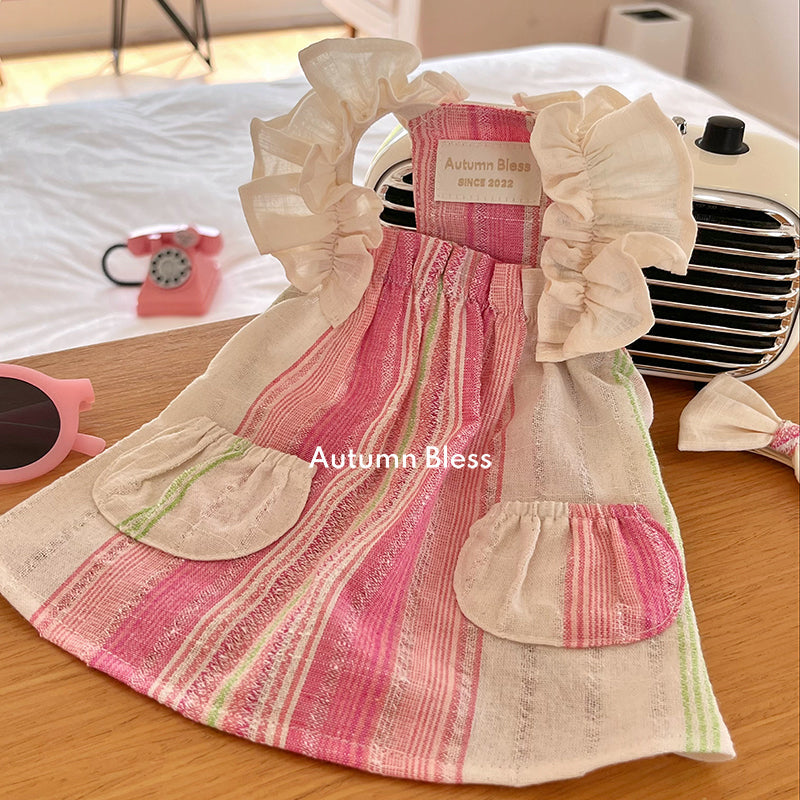 Autumn Bless Cotton Linen Ruffle Sleeve Pocket Dress for Small Dogs 
