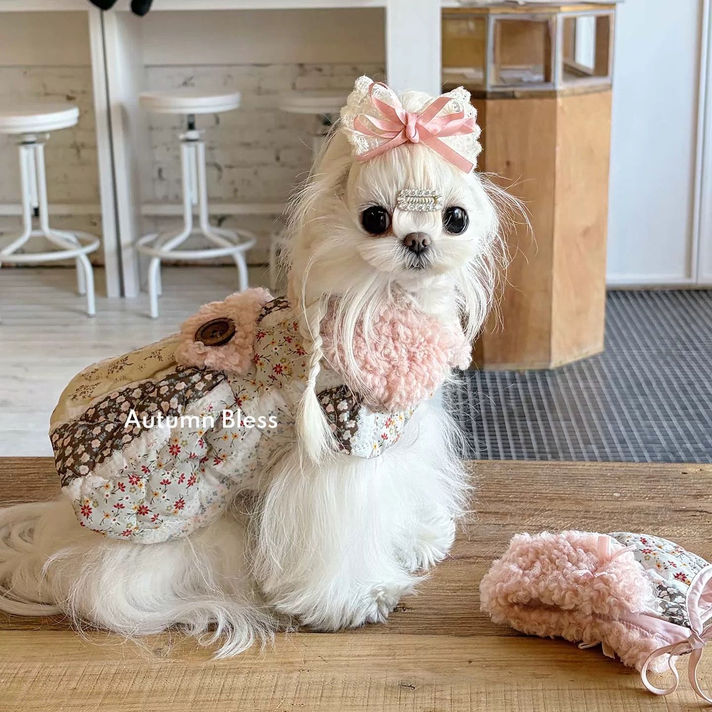 Autumn Bless Floral Quilted Dress with Teddy Fur Collar