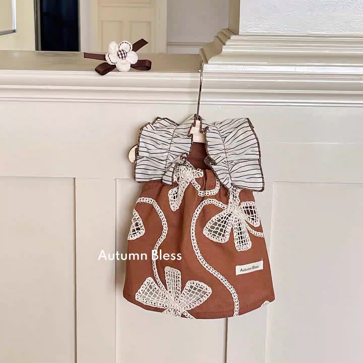 Autumn Bless Embroidered Lace &amp; Denim Flutter Sleeve Dress with Ribbon Hair Clip – Early Autumn Collection