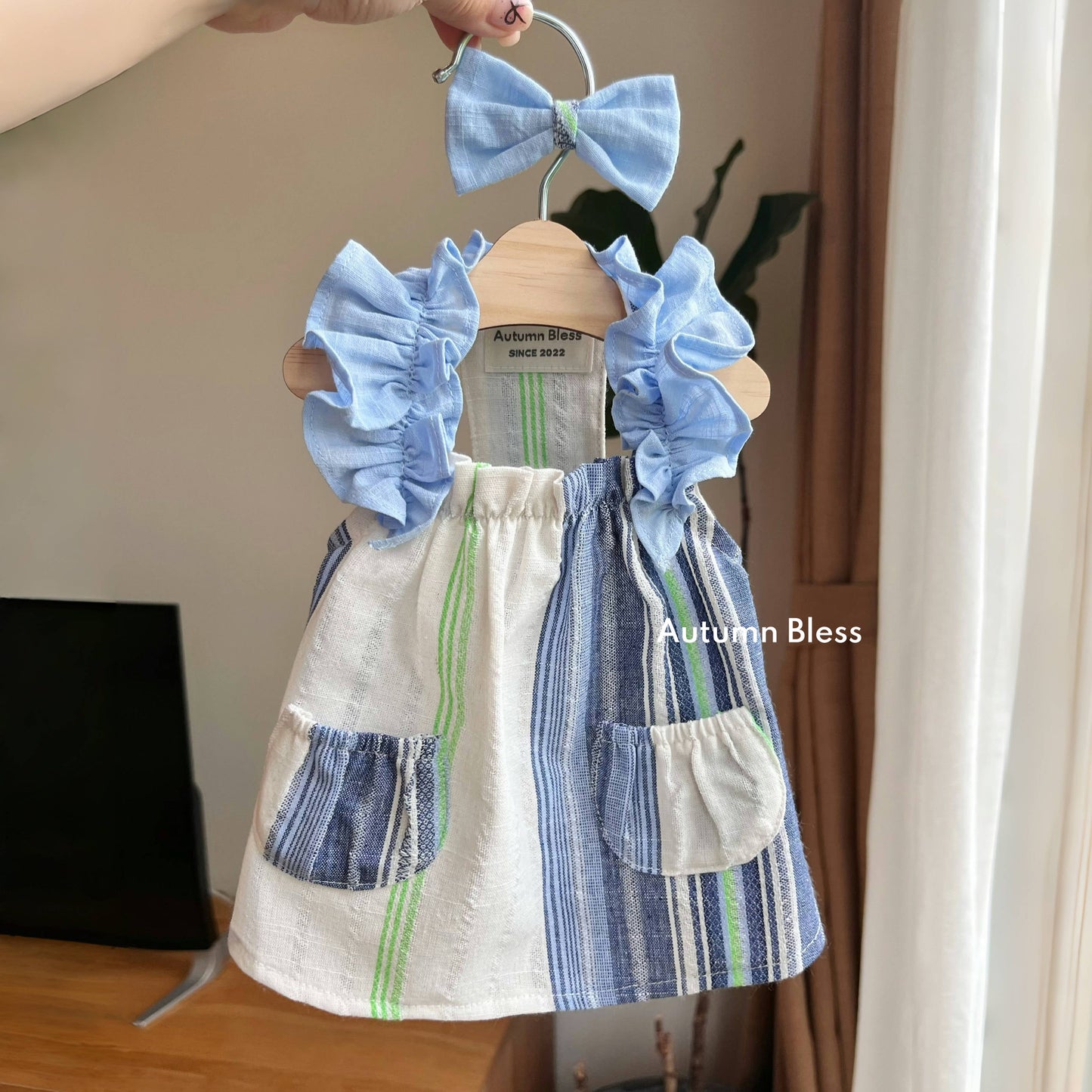 Autumn Bless Cotton Linen Ruffle Sleeve Pocket Dress for Small Dogs 