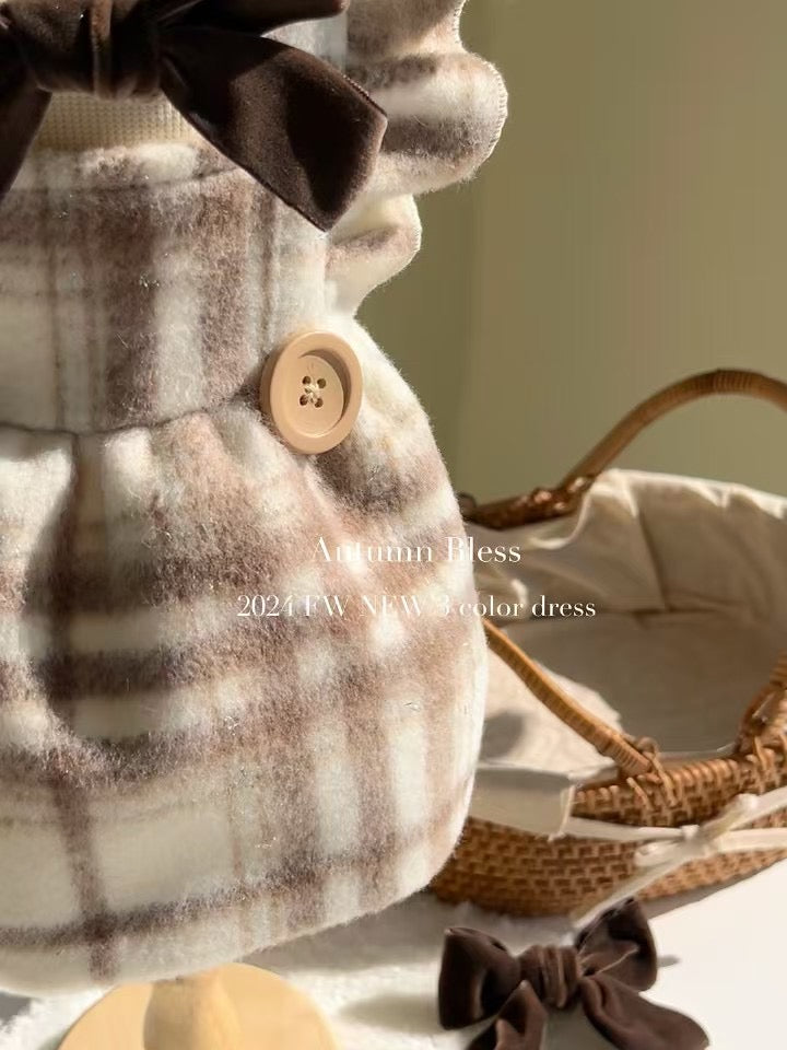 Autumn Bless Wool-Blend Plaid Dress with Flutter Sleeve