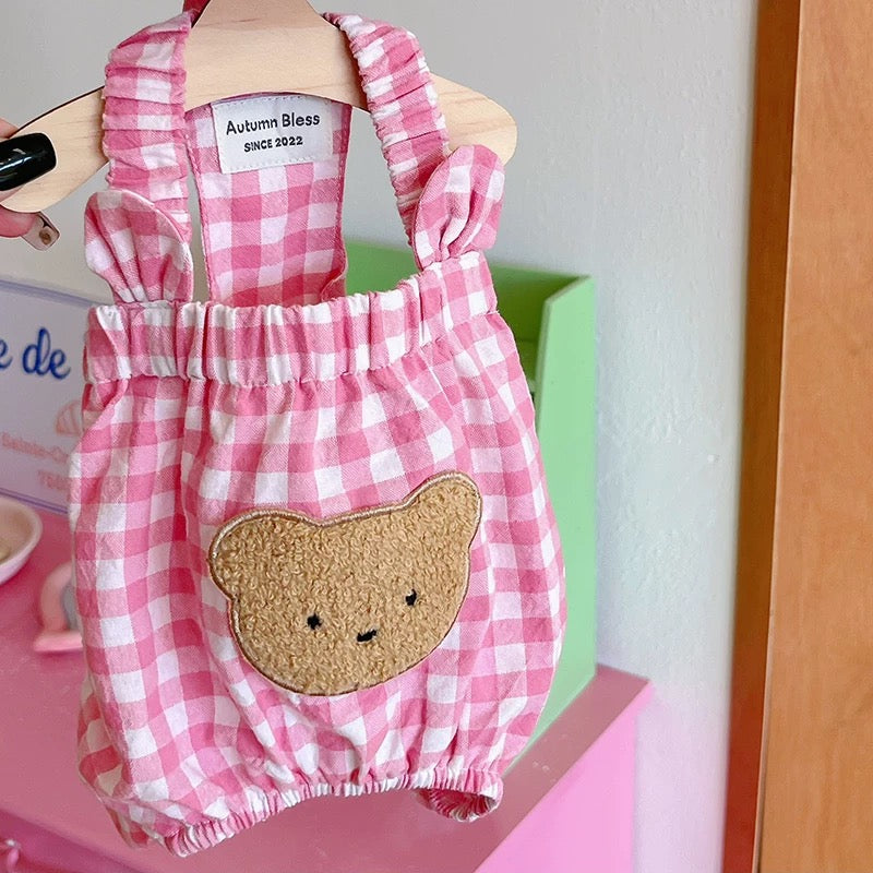 Autumn Bless Gingham Check Bear Romper | Gingham Bear Romper 