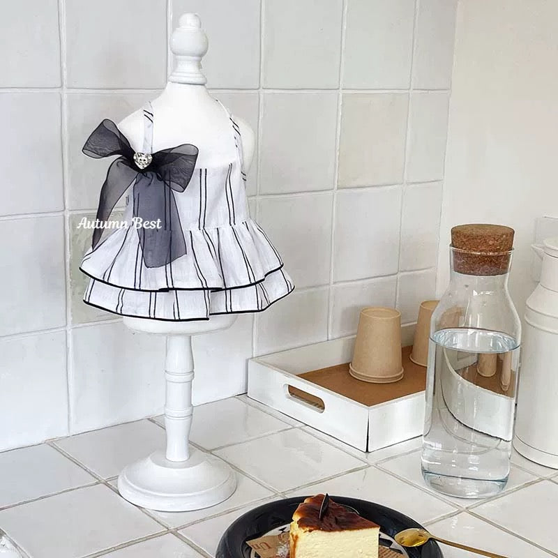 Autumn Bless Monochrome Stripe Camisole Dress with Chic Black Ribbon Bow 