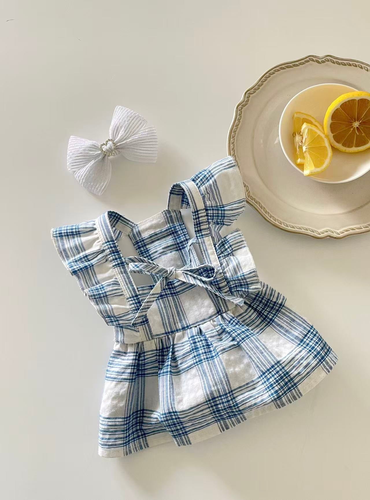 Autumn Bless Vintage Check Ribbon Frill Dress with Hair Clip 