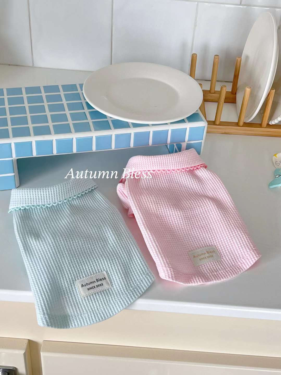 Autumn Bless Waffle Knit Dog Shirt with Collar – Soft &amp; Lightweight Pet Top 
