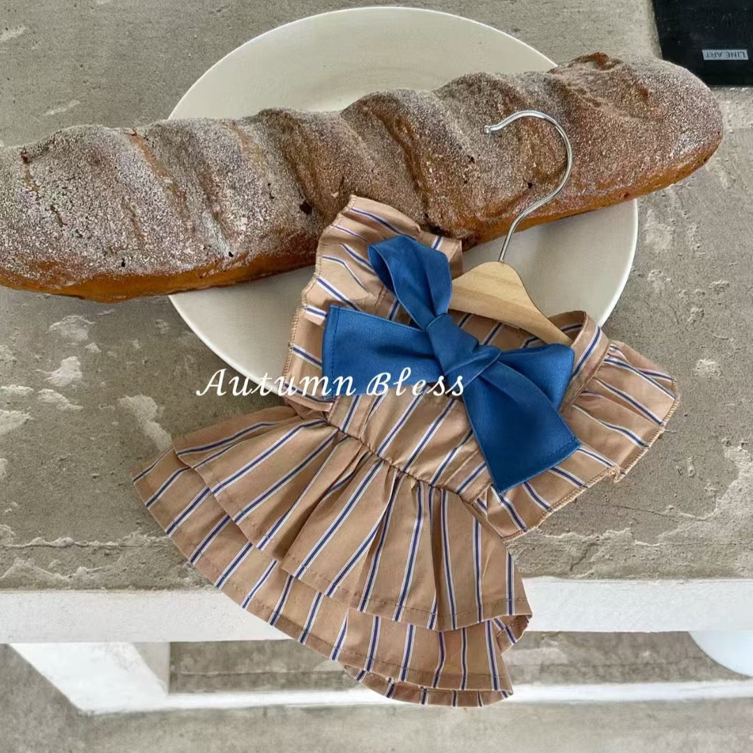 Autumn Bless Striped Ribbon Dress (Single or with Hair Clip Set)