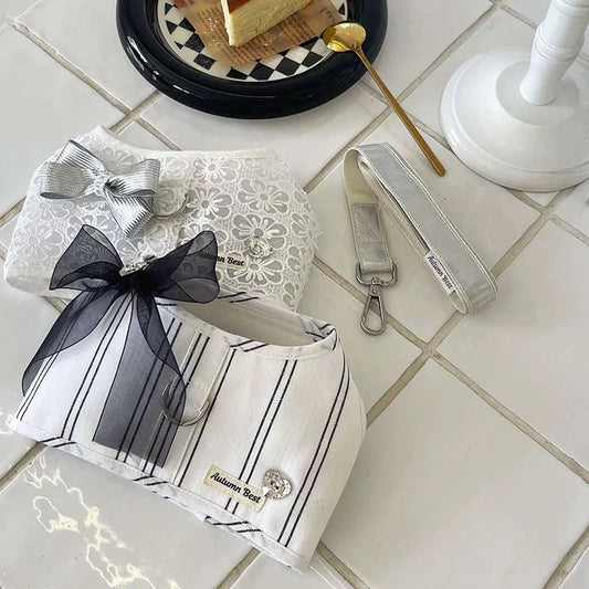 Autumn Bless Daisy Lace &amp; Stripe Ribbon Harness with Removable Bow 