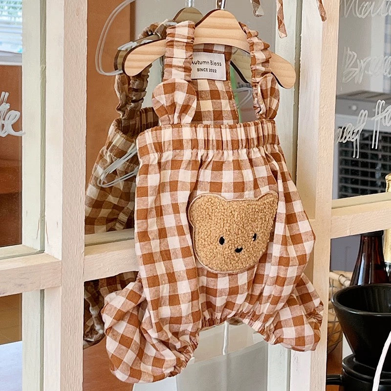 Autumn Bless Gingham Check Bear Romper | Gingham Bear Romper 