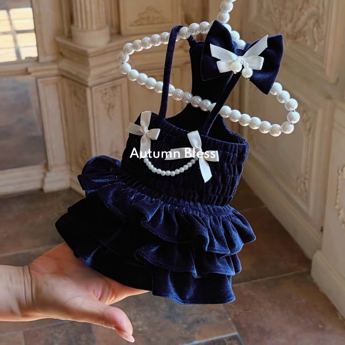 Autumn Bless Velour Pearl Ribbon Dress