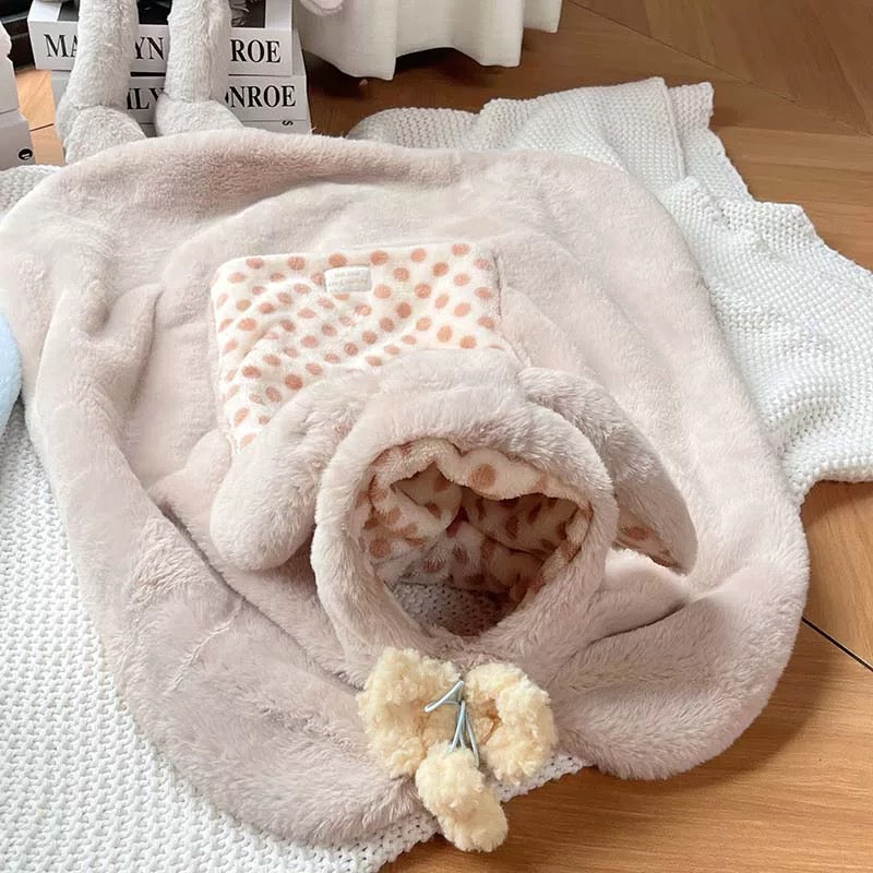 Autumn Bless Big Bunny Ears Portable Fleece Blanket Cape 