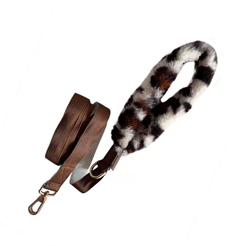 Autumn Bless Fluffy Leopard Handle Pet Lead | Leopard Print Plush Handle Leash 