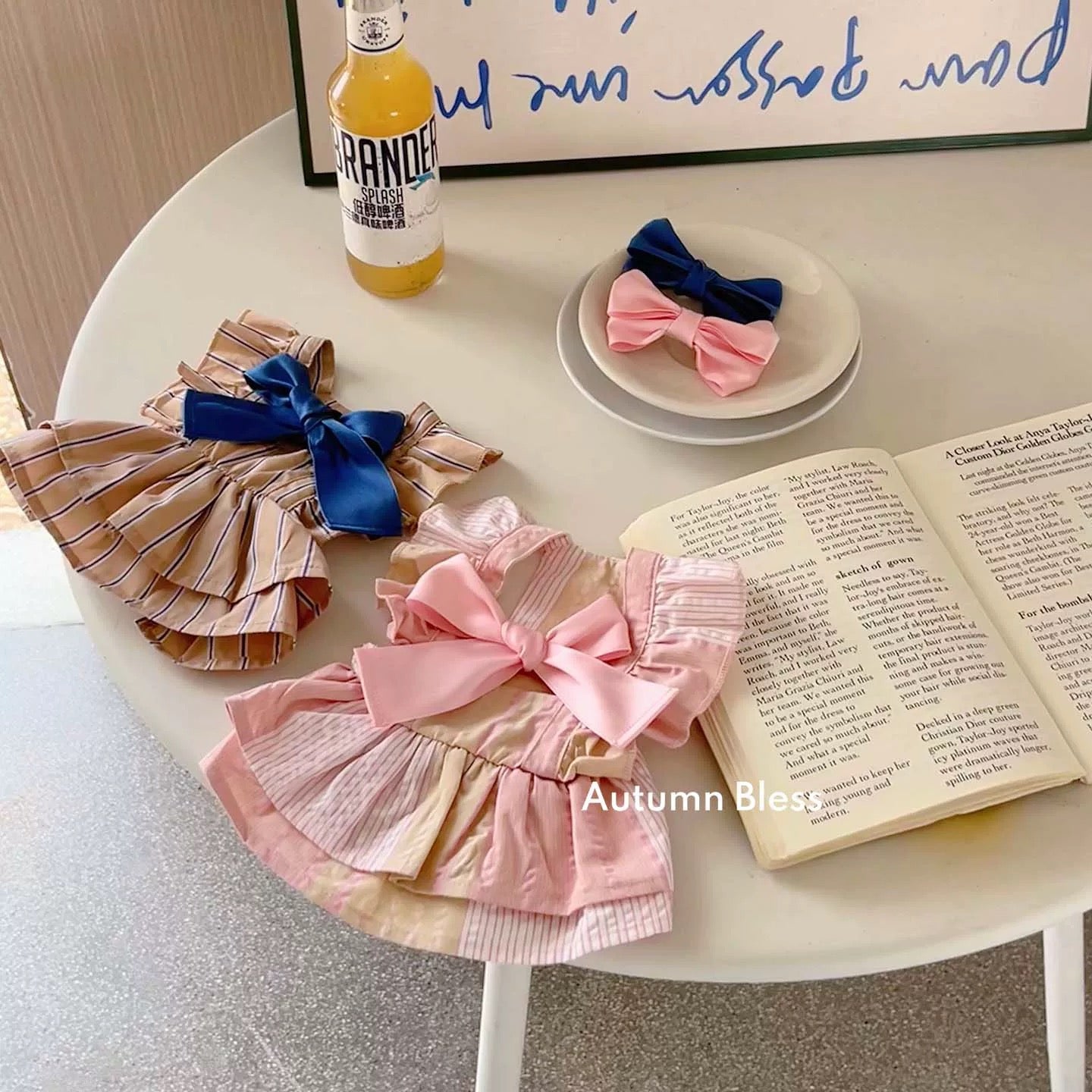 Autumn Bless Striped Ribbon Dress (Single or with Hair Clip Set)