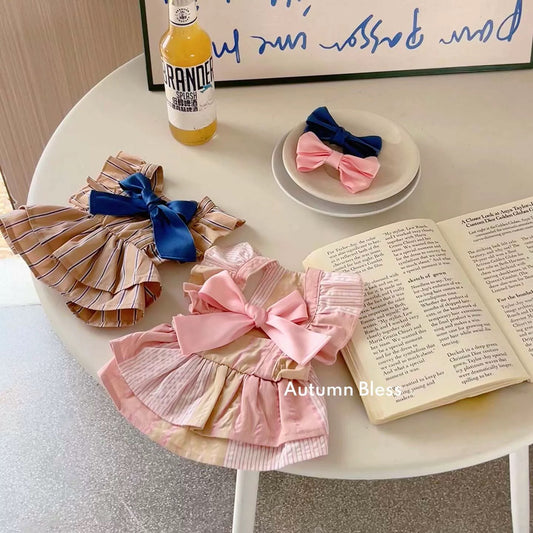 Autumn Bless Striped Ribbon Dress (Single or with Hair Clip Set)