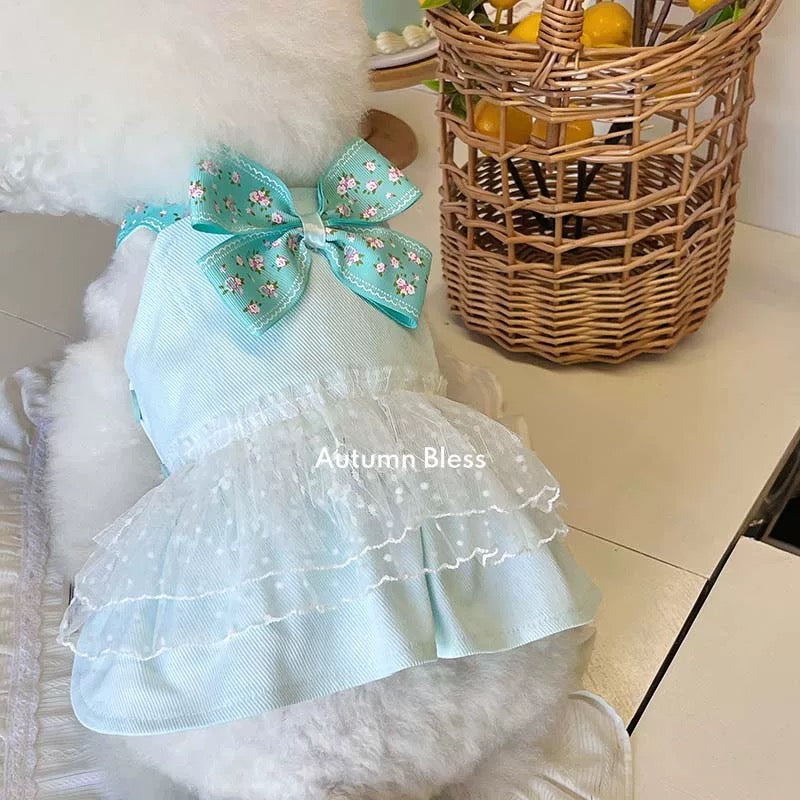 Autumn Bless Mint Blossom Bow Dress with Ribbon 