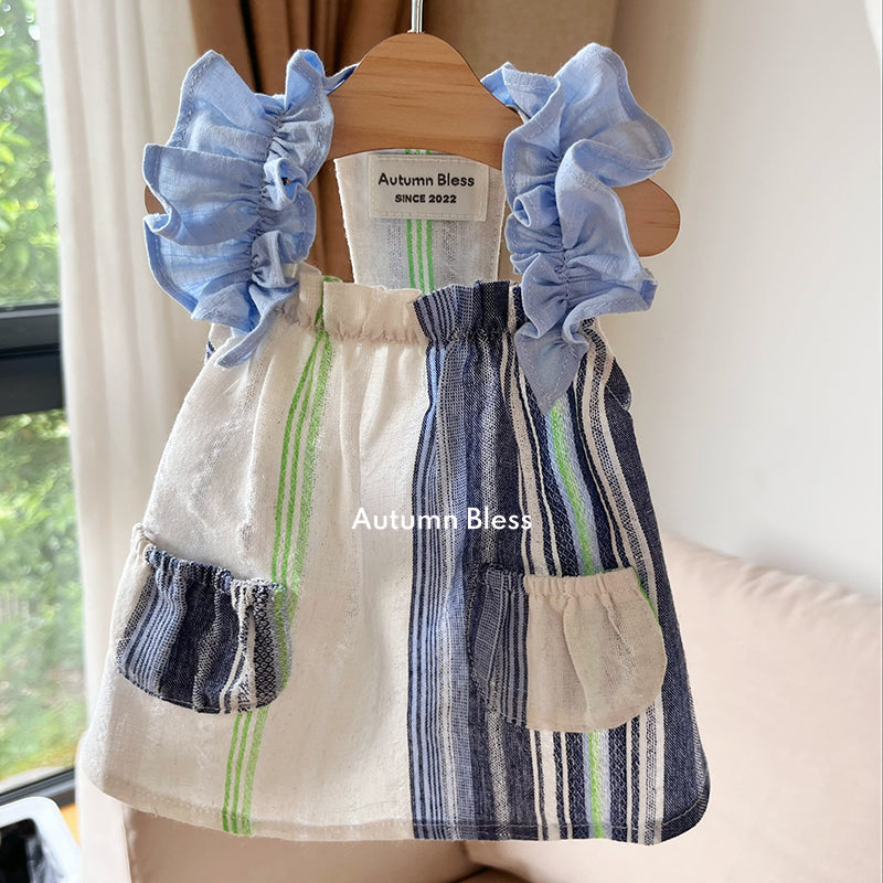 Autumn Bless Cotton Linen Ruffle Sleeve Pocket Dress for Small Dogs 