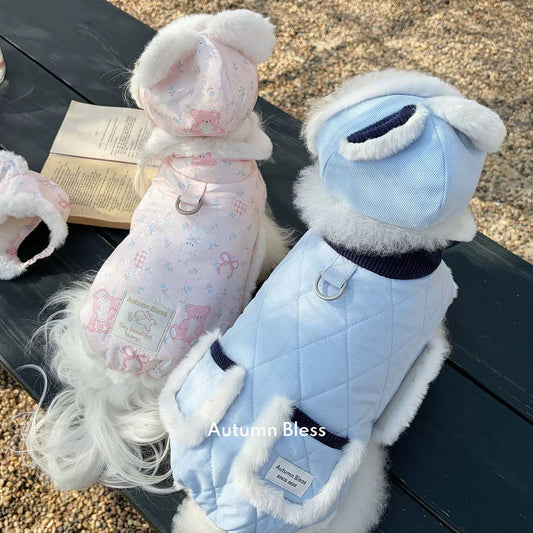 Autumn Bless Furry Cozy Winter Jacket – Teddy Print &amp; Quilted Blue