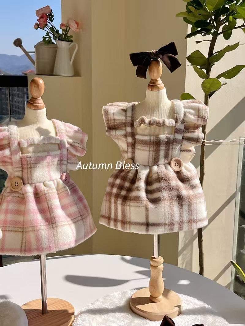 Autumn Bless Wool-Blend Plaid Dress with Flutter Sleeve