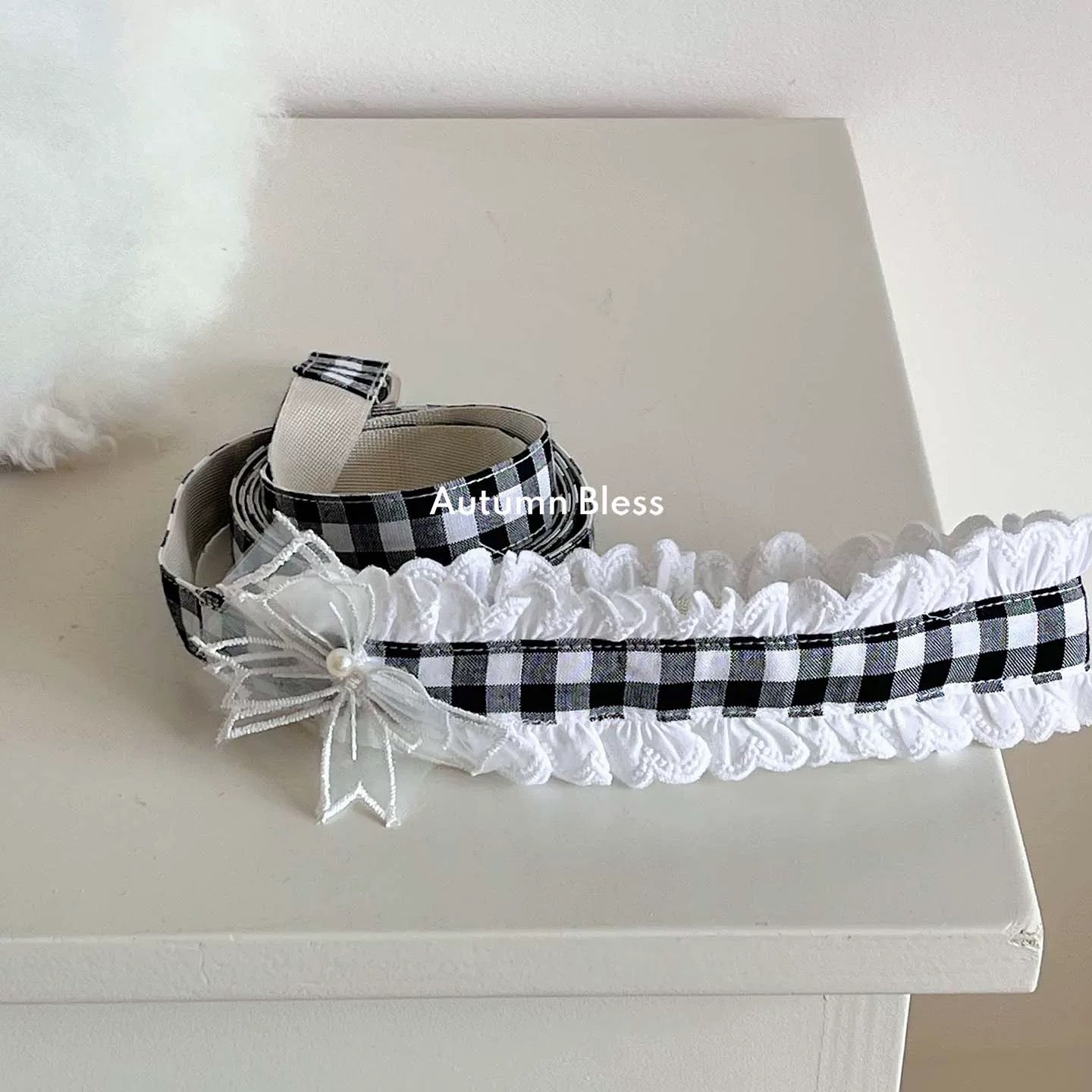 Autumn Bless Checkered Ribbon Cap &amp; Lace Leash