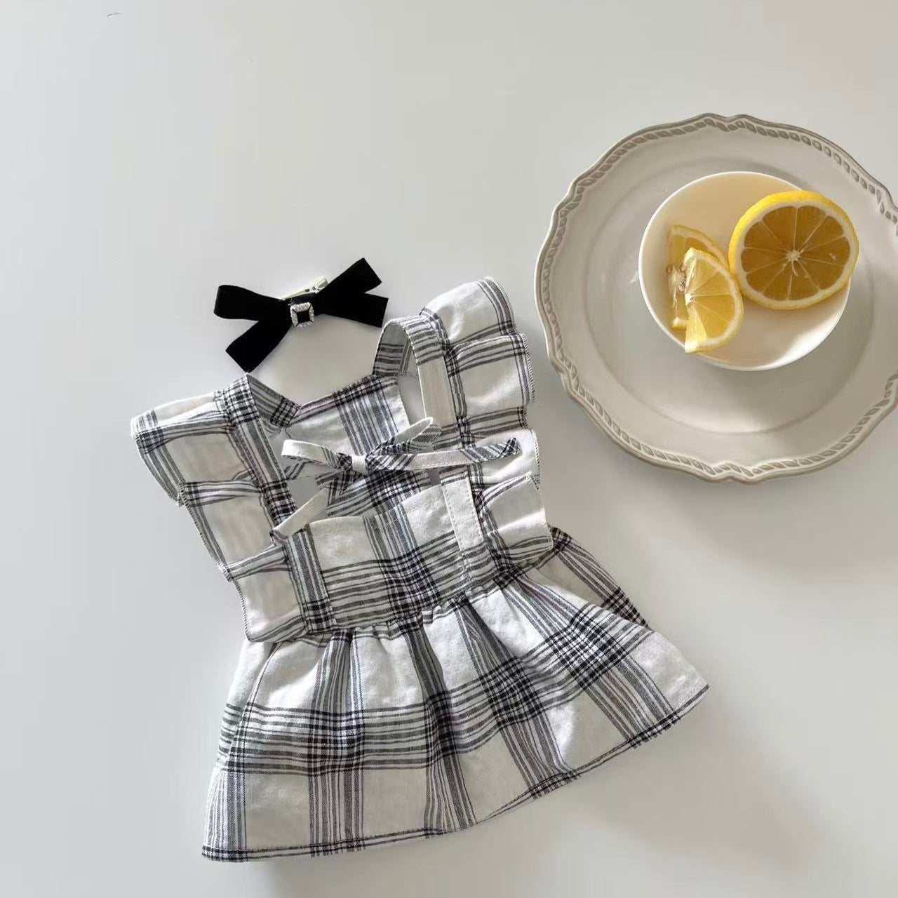 Autumn Bless Vintage Check Ribbon Frill Dress with Hair Clip 