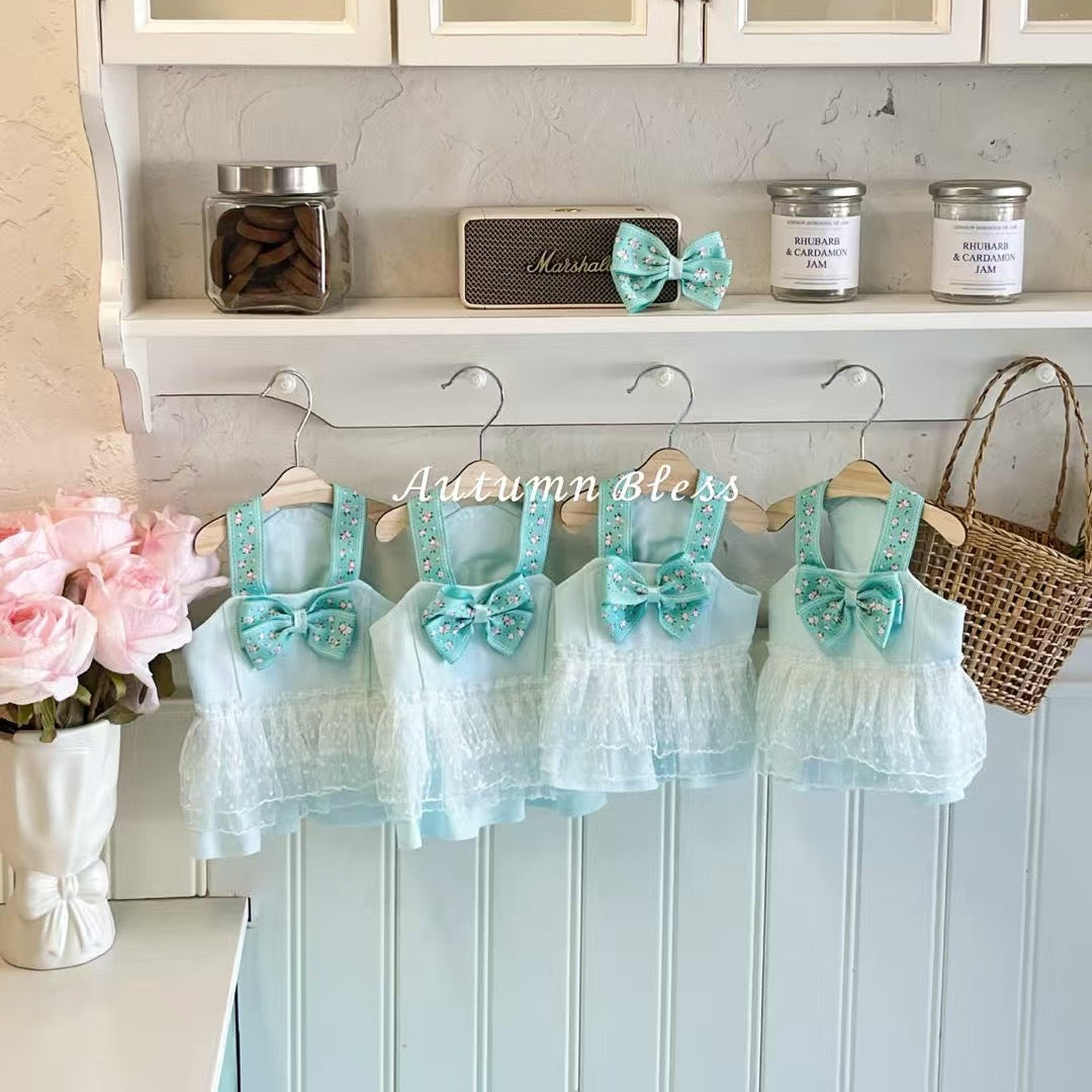 Autumn Bless Mint Blossom Bow Dress with Ribbon 