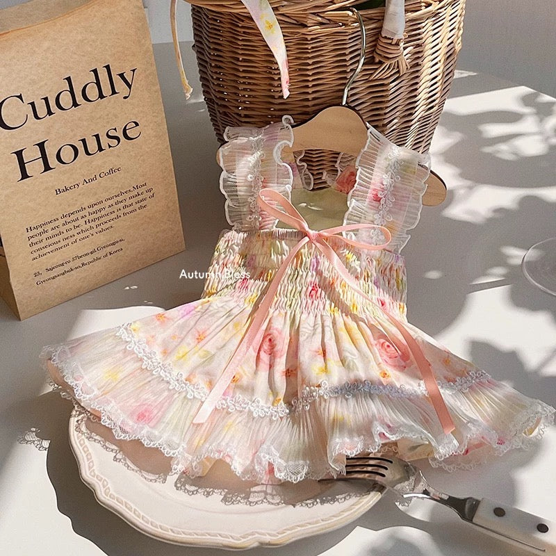 Autumn Bless French Floral Lace Shoulder Strap Dress 