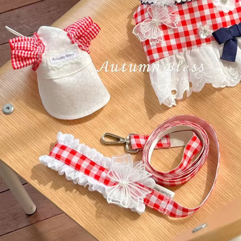 Autumn Bless Checkered Ribbon Cap &amp; Lace Leash