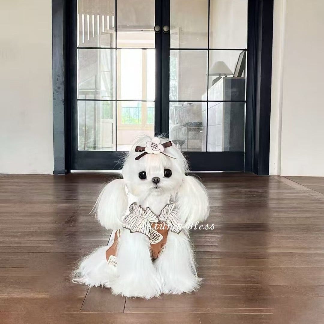 Autumn Bless Embroidered Lace &amp; Denim Flutter Sleeve Dress with Ribbon Hair Clip – Early Autumn Collection