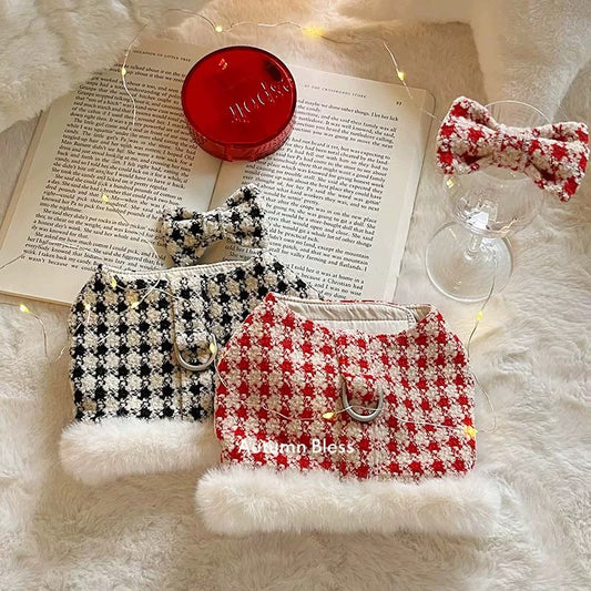 Autumn Bless Christmas Snowy Houndstooth Fur Harness – D-Ring Design