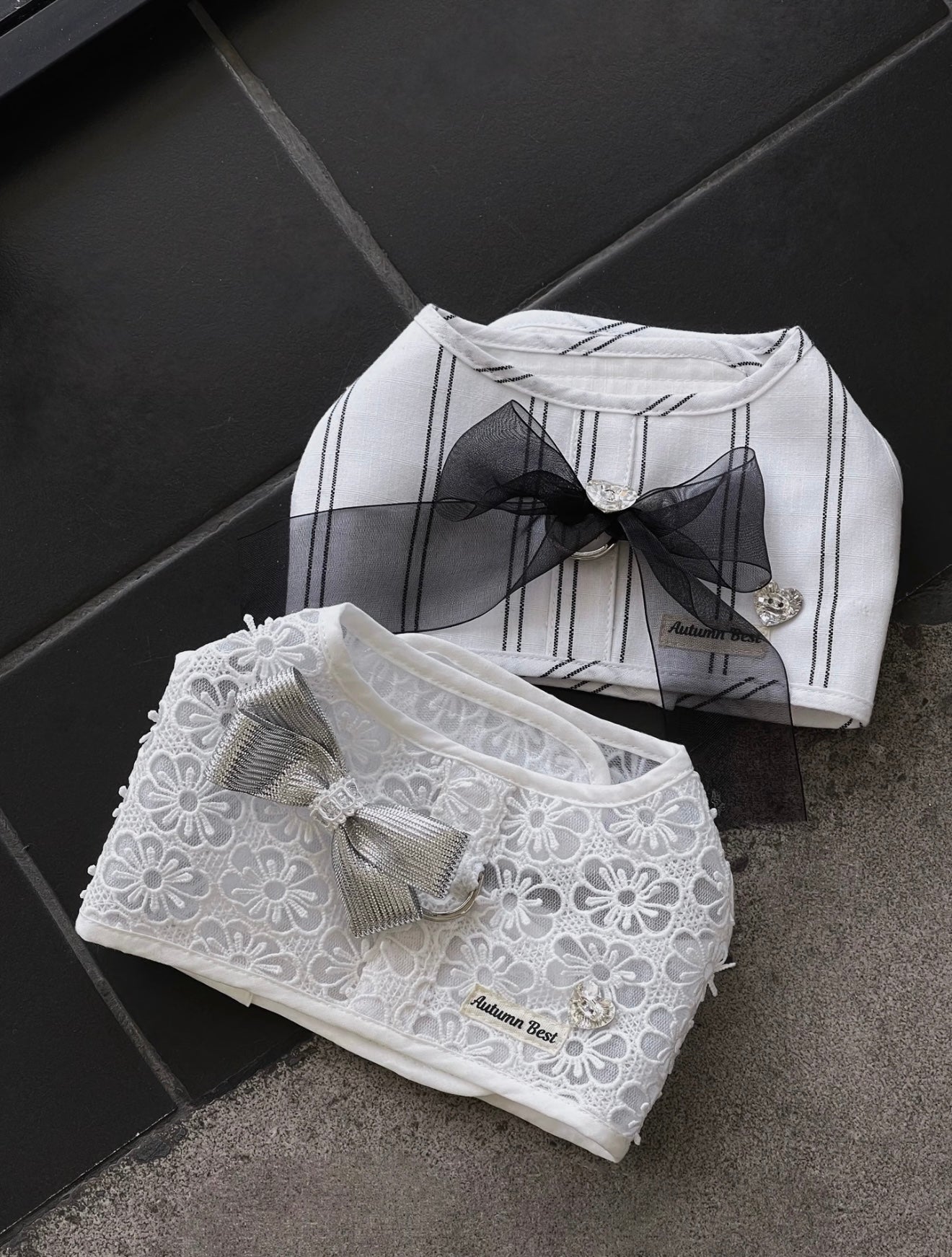 Autumn Bless Daisy Lace &amp; Stripe Ribbon Harness with Removable Bow 