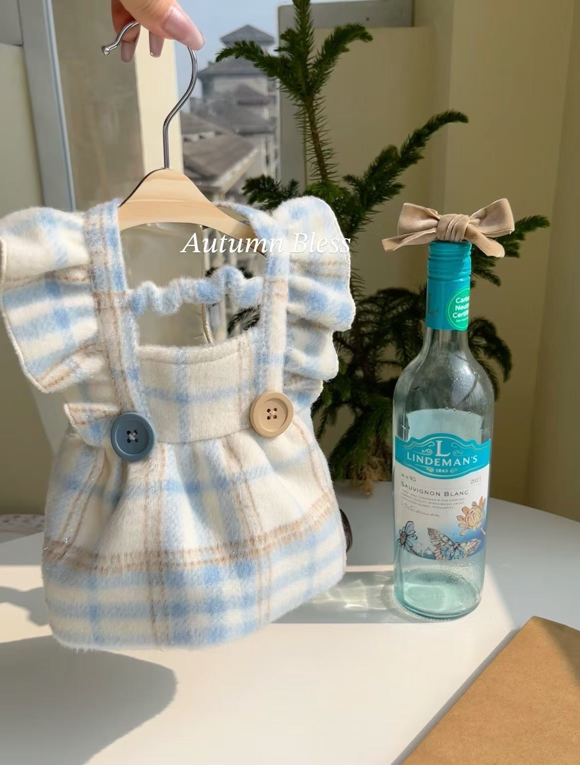 Autumn Bless Wool-Blend Plaid Dress with Flutter Sleeve