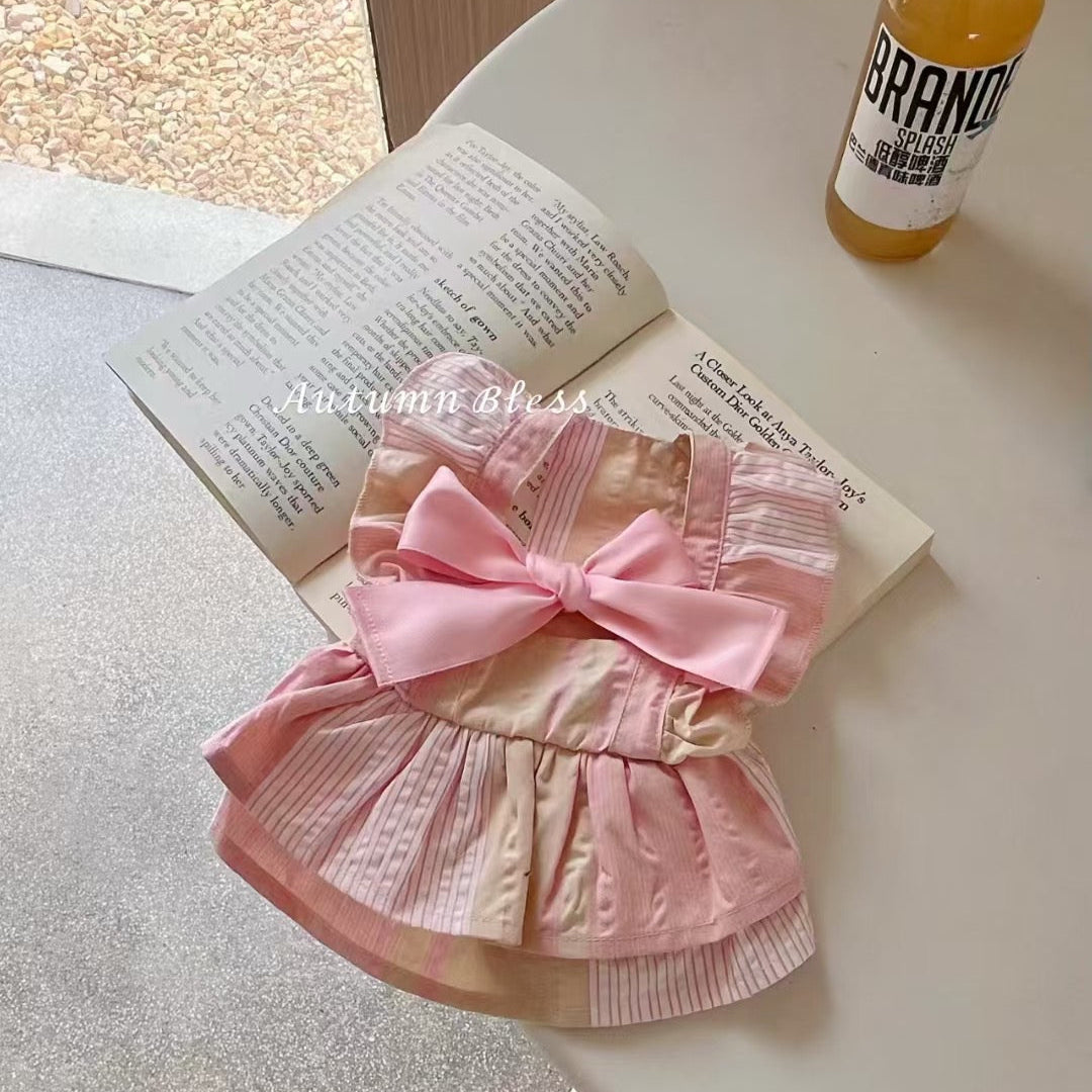 Autumn Bless Striped Ribbon Dress (Single or with Hair Clip Set)