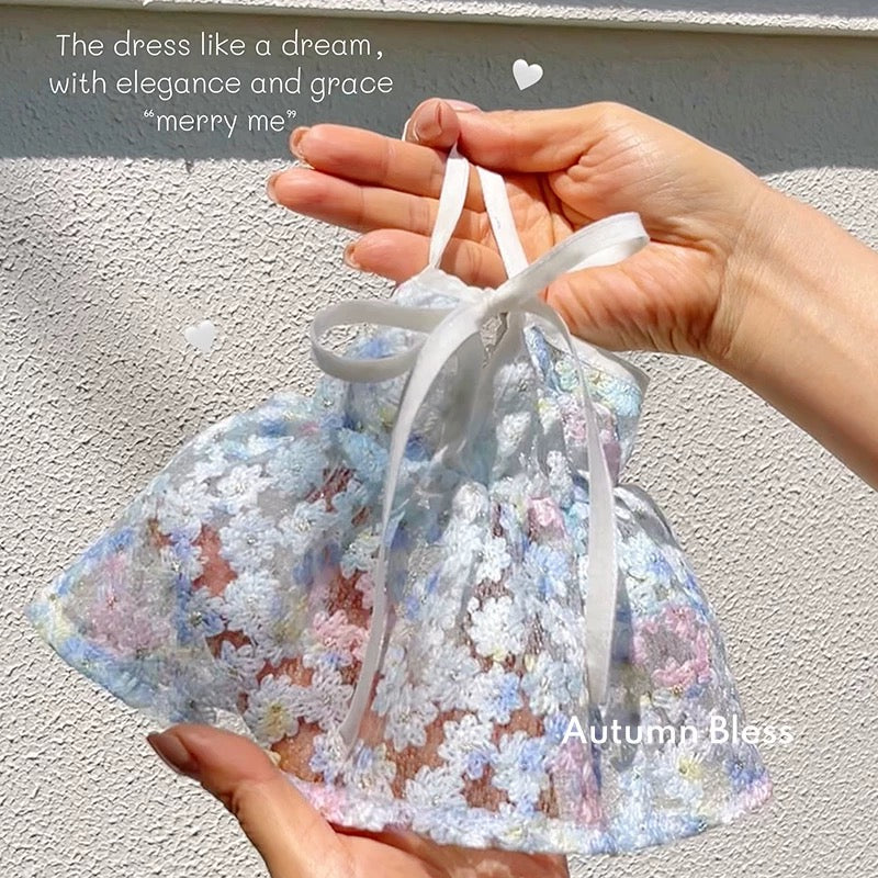 Autumn Bless Floral Lace Picnic Camisole Dress with Ribbon 