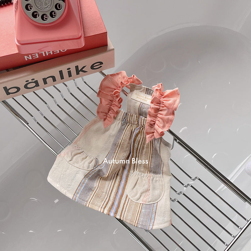 Autumn Bless Cotton Linen Ruffle Sleeve Pocket Dress for Small Dogs 