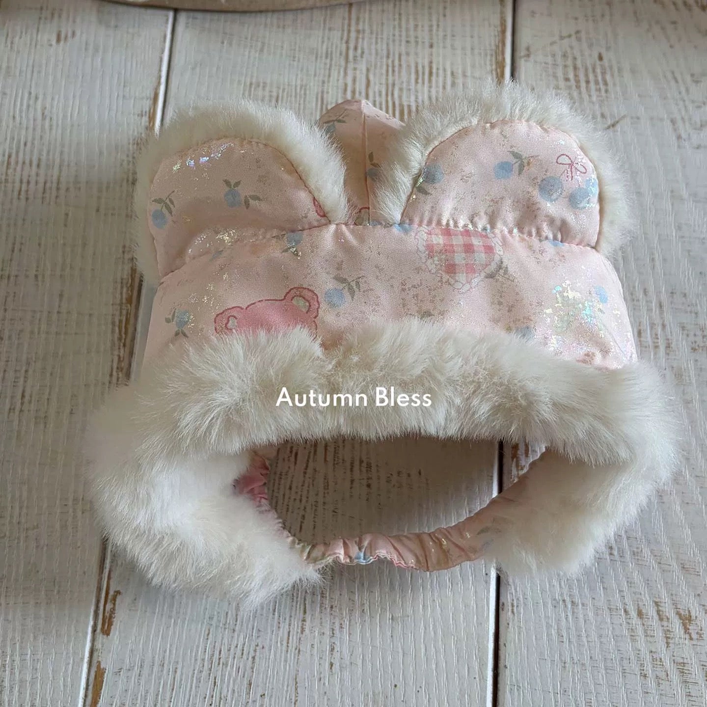 Autumn Bless Furry Cozy Winter Hat – Teddy Print / Quilted Blue