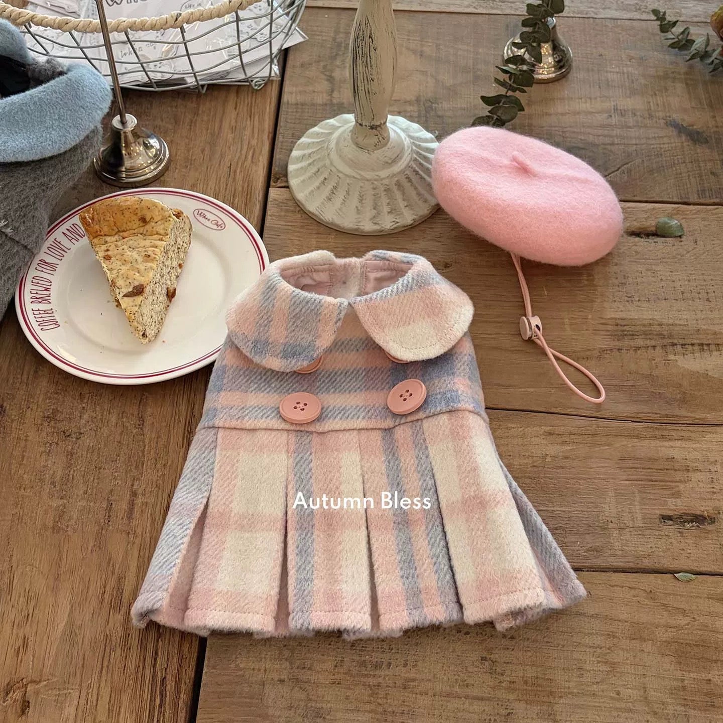 Autumn Bless French Wool Plaid Dress &amp; Beret Set 