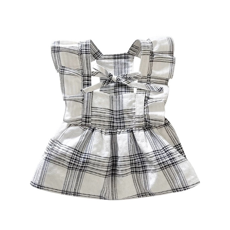 Autumn Bless Vintage Check Ribbon Frill Dress with Hair Clip 