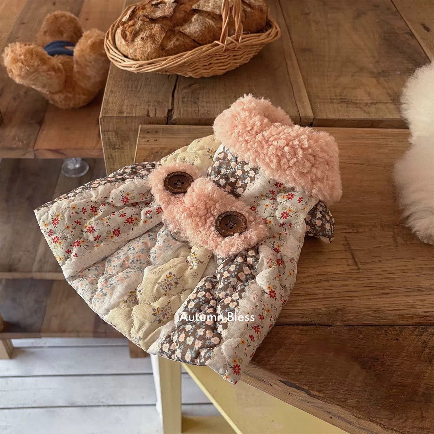 Autumn Bless Floral Quilted Dress with Teddy Fur Collar