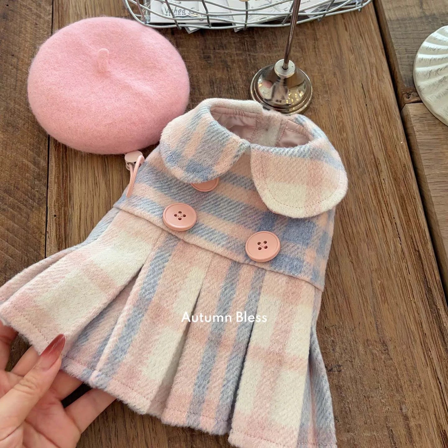 Autumn Bless French Wool Plaid Dress &amp; Beret Set 