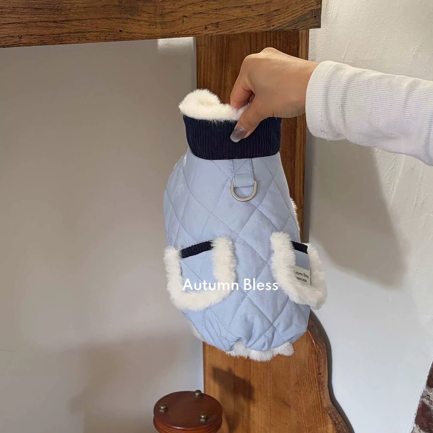 Autumn Bless Furry Cozy Winter Jacket – Teddy Print &amp; Quilted Blue