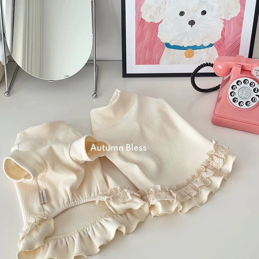 Autumn Bless Ivory Lace Ruffle Knit Dress 