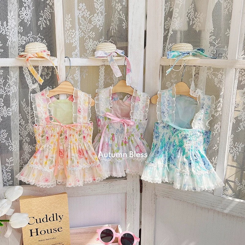 Autumn Bless French Floral Lace Shoulder Strap Dress 