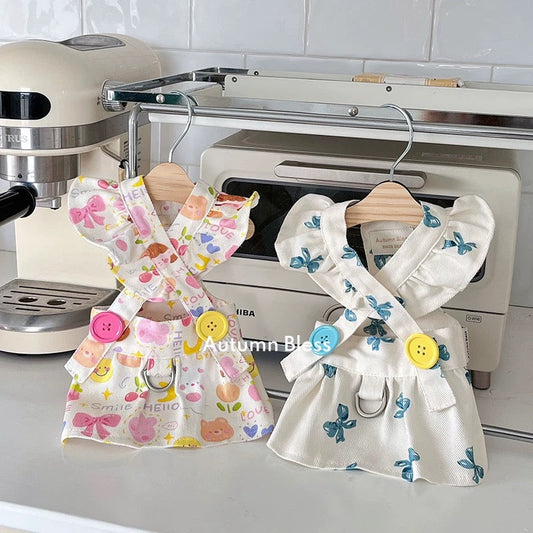 Autumn Bless Floral Ruffle Dress with Harness Attachment for Small Dogs – Cute Button Details