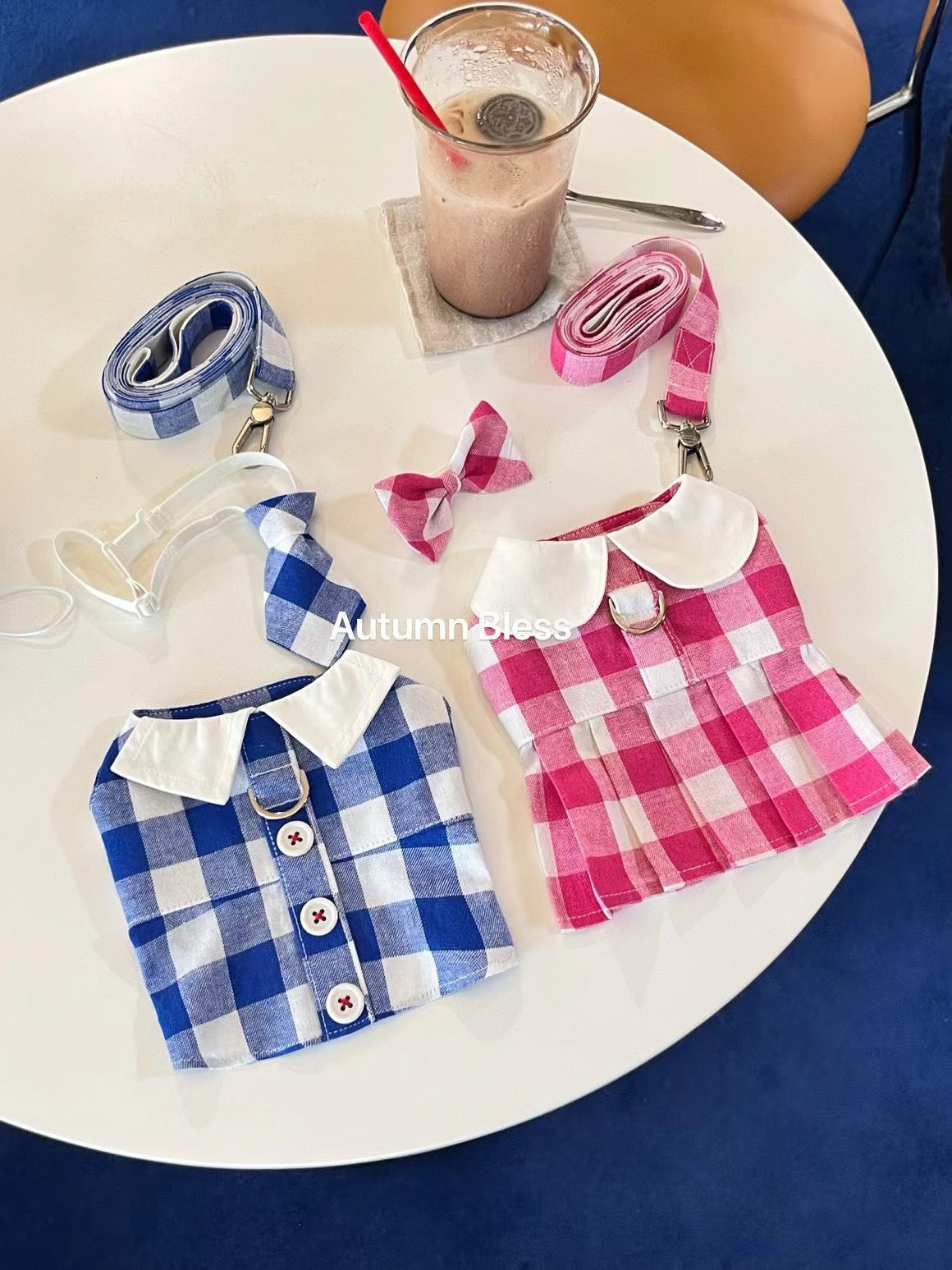 Autumn Bless Plaid Dress and Harness Set – Pink &amp; Blue Collection 